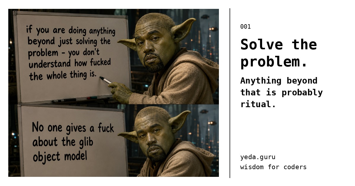 Two-panel meme with a green, pointy-eared coder figure holding a marker beside a whiteboard about solving the problem before caring about abstraction.