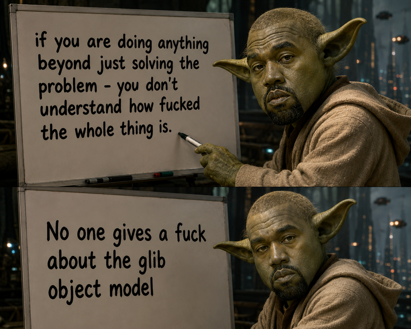 Two-panel meme with a green, pointy-eared coder figure holding a marker beside a whiteboard about solving the problem before caring about abstraction.